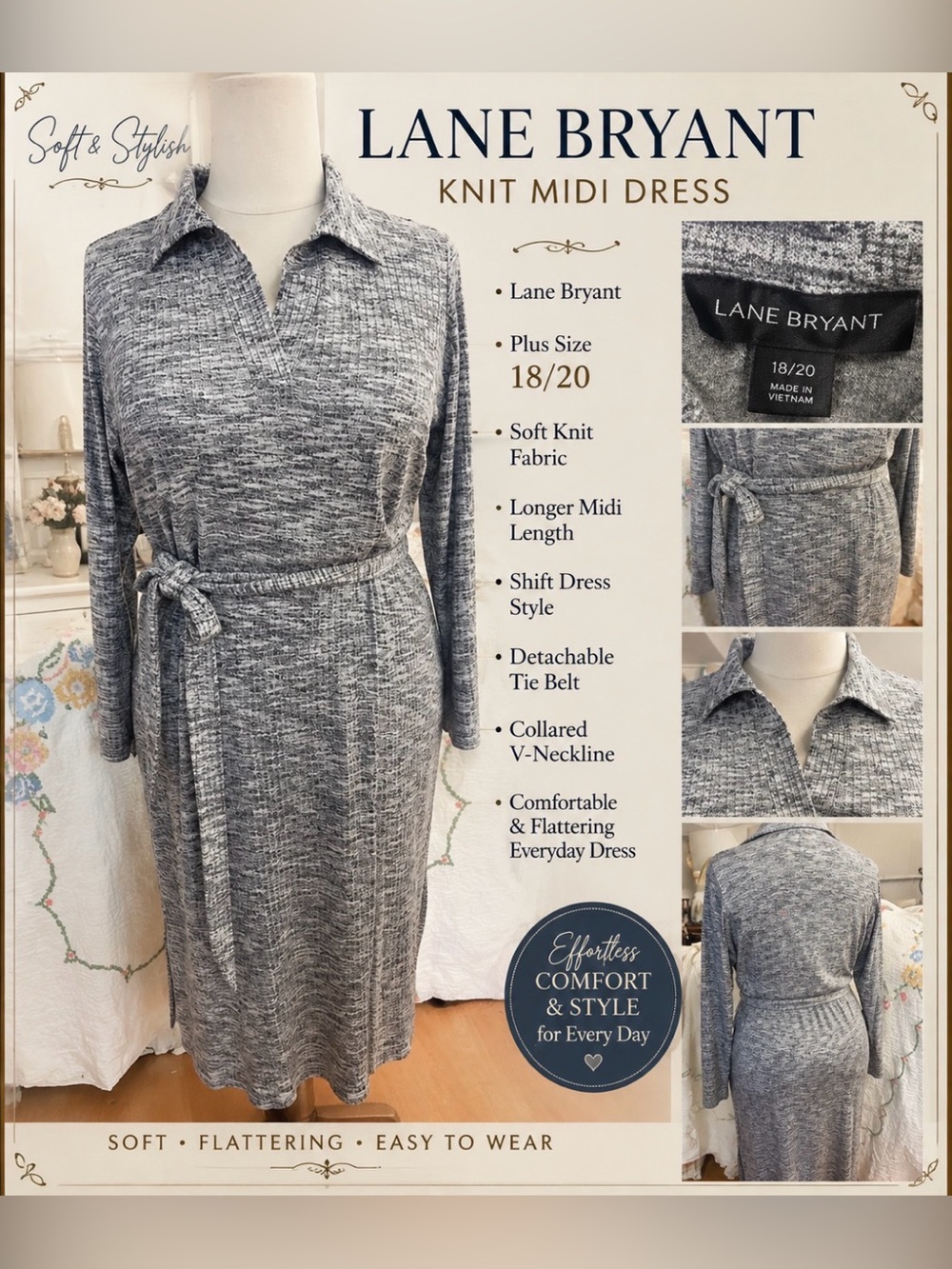 Lane Bryant -Heather Gray -Long-Sleeve aCollared Midi Dress